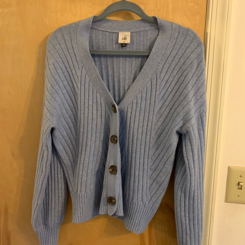 CAbi Blue Ribbed Cardigan Sweater V-Neck Cozy